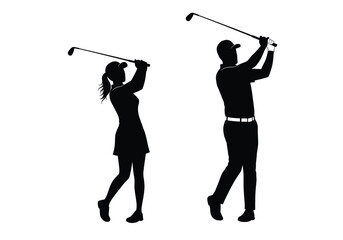 Golf couple silhouette. This image features a man and woman swinging golf clubs, illustrating teamwork and athleticism in a minimalist black silhouette. Vector clipart illustration design.
