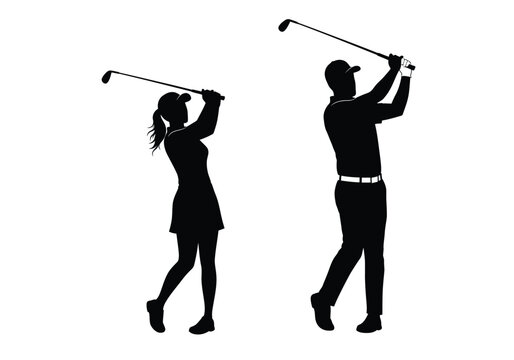 Golf couple silhouette. This image features a man and woman swinging golf clubs, illustrating teamwork and athleticism in a minimalist black silhouette. Vector clipart illustration design.