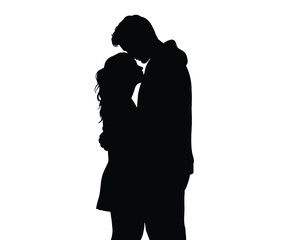 Romantic couple silhouette. This image shows a black silhouette of a couple embracing and kissing, highlighting themes of love and intimacy. Vector clipart illustration design.