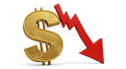 Dollar Value Decline Symbolized by Golden Currency and Descending Arrow