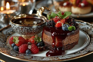 Delicious heart-shaped chocolate mousse cake with raspberry coulis on an ornate plate