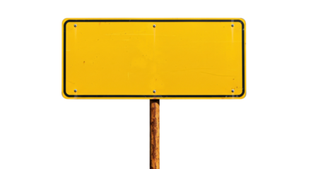 Empty rectangular yellow road sign with wooden post for warning or information message isolated on a transparent background, png, cutout