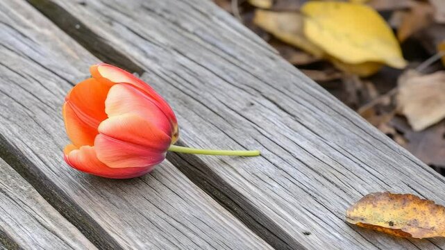 Close-up of a single orange tulip lying on a weathered wooden bench in an outdoor setting with scattered fallen leaves.