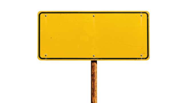 Empty rectangular yellow road sign with wooden post for warning or information message isolated on a transparent background, png, cutout