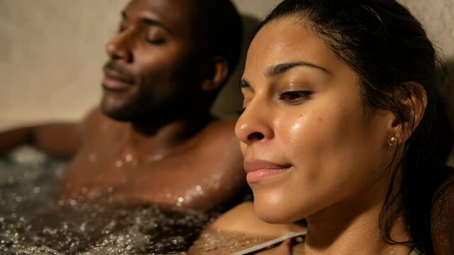 Relaxing couple enjoying a therapeutic jacuzzi bath with calm expressions and serene ambiance for wellness