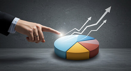 Business growth chart. A hand points to a pie chart as arrows trend upward. Shows market share and financial data success.