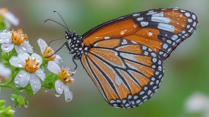 Stunning macro shot of a monarch butterfly perched on delicate white flowers