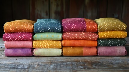 Stacks of colorful patterned quilts neatly folded on rustic wooden surface