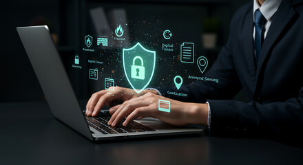 Secured Digital Access: Business professional typing on a laptop with a digital security shield and icons representing online protection.