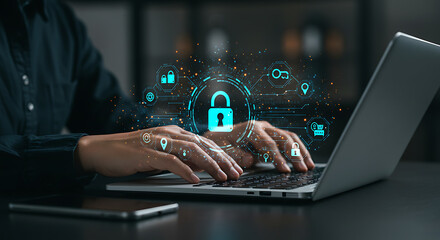 Cybersecurity Interface Overlay: Person typing on a laptop with digital security icons and lock graphic illustrating data protection.