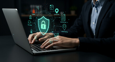 Cybersecurity professional securing data with virtual shield. Digital protection for data privacy and network security. Protecting information.