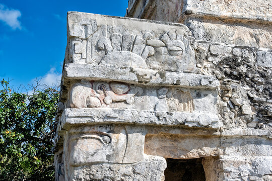 Itzamna, ancient god, corner mask, Temple of Frescoes, Mayan, 1200-1400, Tulum, Quintana Roo, Mexico
