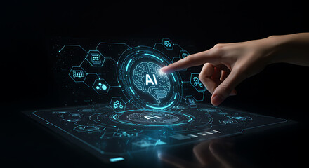 A finger touches an AI interface. A futuristic holographic display features a brain with the letters AI in the center and various icons.
