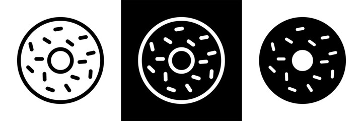 Donut Food Sweets Icons Graphic. Doughnut with Sprinkles, Dessert, Snack, Treat Symbols. Outline and Solid Vector Styles