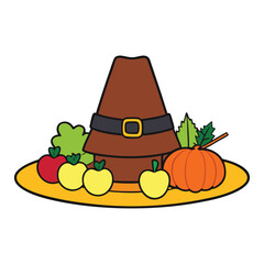 A pilgrim hat adorned with vibrant fruits and vegetables, symbolizing harvest and abundance, blending classic tradition with a bounty of nature's offerings.
