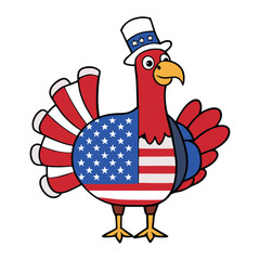 Patriotic turkey bird proudly wearing the USA flag as a cape, standing tall with feathers spread wide, symbolizing American pride and festive Thanksgiving spirit.
