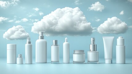 Serene beauty: skincare products presented against a dreamy cloudscape background