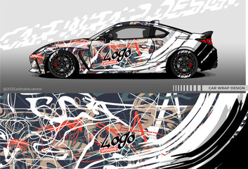 Illustration vector grahic of Car wrap decal with abstract curly design. Black, Grey, White, Orange colour. Livery car editable. Mockup template sticker vinyl for racing, rally, drift or daily use