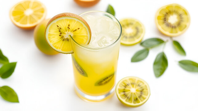 kiwi lime refresher with lime wheel isolated on white background,  citrus fruit,  tropical flavor,  condiment