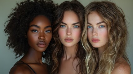 Obraz premium Three diverse models, close-up portrait, showcasing natural beauty.