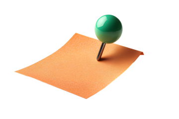 An orange sticky note with a green pin isolated on a transparent background PNG