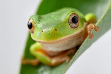 Macro shot of adorable green tree frog peeking from leaf, bright high-definition close-up with clean white background