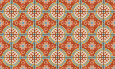 Decorative Mexican floor tile pattern, orange, blue, aqua, yellow, white, cream