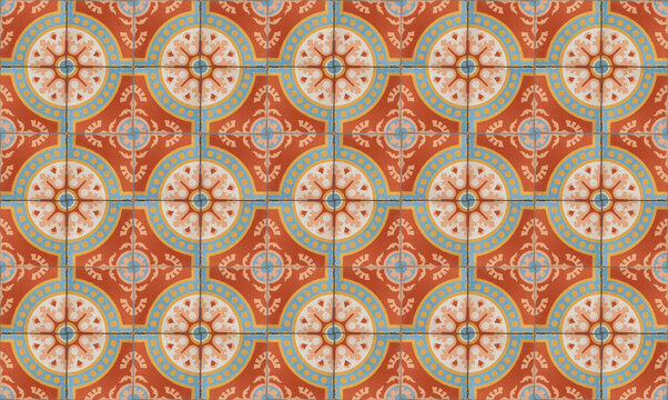 Decorative Mexican floor tile pattern, orange, blue, aqua, yellow, white, cream