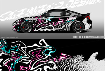Illustration vector grahic of Car wrap decal with abstract design. Black, blue, pink colour. Livery car editable. Mockup template sticker vinyl for racing, rally, drift or daily use © Gayuhdesu