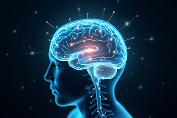 A translucent human brain visible inside a transparent head model, glowing softly with neural paths and data pulses. AI-generated