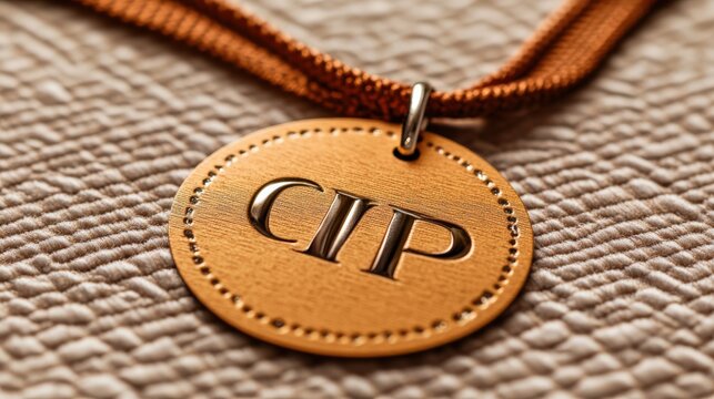 Bronze medal with engraved initials on elegant surface