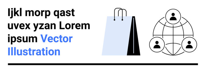 Shopping bag with user icons connected in a global network. Highlights e-commerce, online community, global connection, collaboration, digital marketing, affiliate marketing, simple landing page