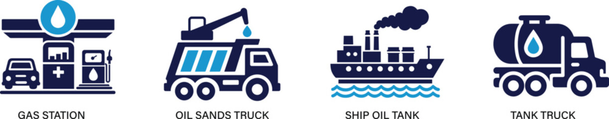 Filled vector icons representing oil and gas industry elements. Suitable for energy, industrial, and engineering projects.