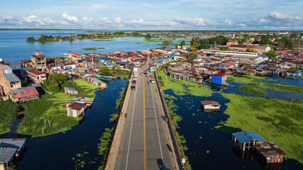 Aerial view of flooded areas in the city of Iquitos, houses under water from the Nanay River and the Amazon River, major causes of water that flood the precarious homes located on the banks of the riv