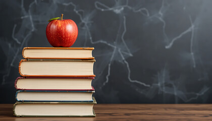 Apple on Stack of Books in Front of Chalkboard