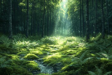 Obraz premium Impressionistic forest scene: dappled sunlight on ferns, moss, and a brook in Sweden. Emerald, gold, brown hues create tranquility. Ideal for nature, wellness, eco themes.