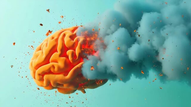 Vibrant Orange Brain with Colorful Smoke Explosion Effect