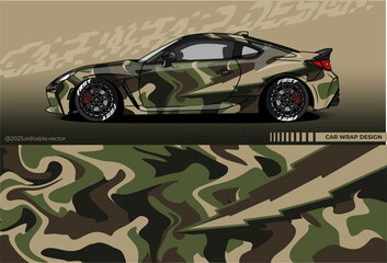 Illustration vector grahic of Car wrap decal with abstract camouflage design. Army colour. Livery car editable. Mockup template sticker vinyl for racing, rally, drift or daily use © Gayuhdesu