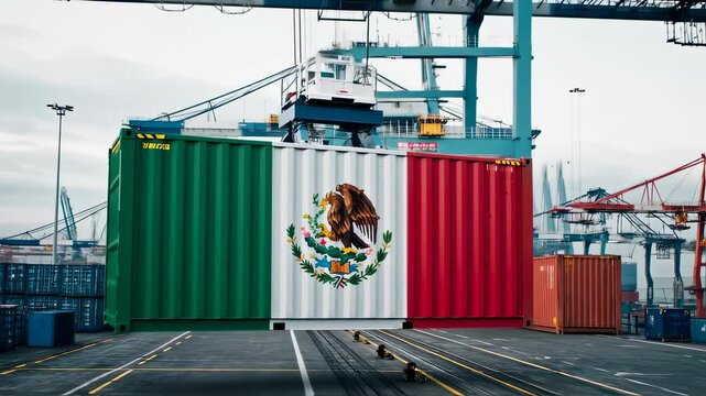 Vibrant Mexican flag displayed on a cargo container at a bustling port showcasing national pride and trade activity