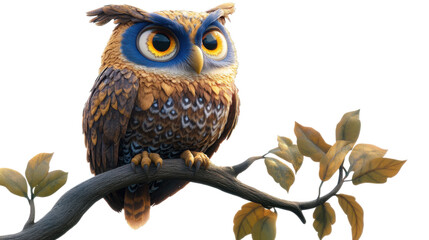 Naklejka premium Cartoon Owl Perching on Leafy Branch Featured Isolated on White Background for Wildlife, Kids, and Nature-Themed Design Projects