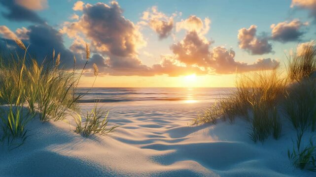 A serene beach scene featuring soft sand dunes, sea grass, and a gentle sunrise over calm ocean waves.
