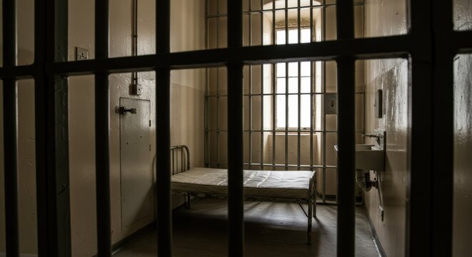Inside a Prison Cell: Bars, Bed, and Window