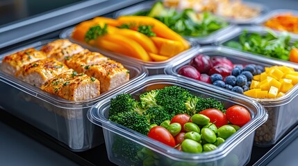 Colorful Healthy Meal Prep Containers with Grilled Chicken and Vegetables