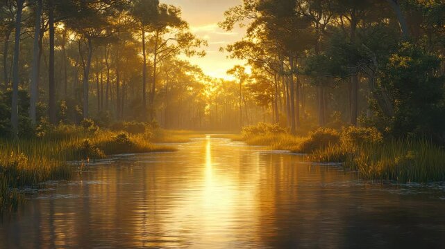 A serene river winds through a dense forest, illuminated by the warm golden light of sunrise or sunset reflecting on the water.