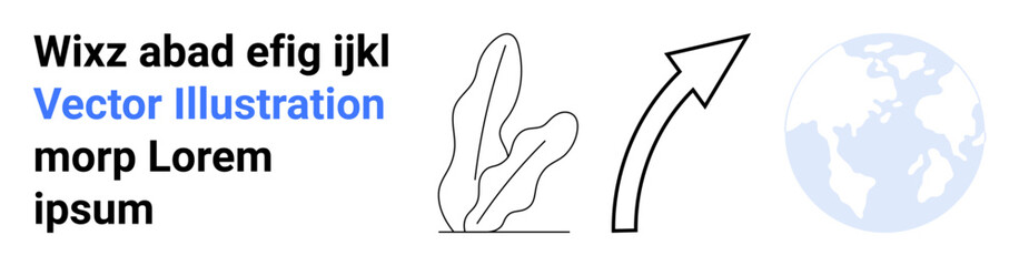 Abstract plant with arrow indicating growth and progress, faded globe suggesting global reach. Ideal for growth, sustainability, ecology, progress, development, global strategy, simple landing page