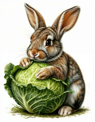 Cute fluffy rabbit holding a cabbage with a playful expression on a white background