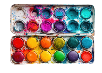 Open watercolor paint set in a metal tin with used paints and various colors, isolated on transparent background. Art, creativity, hobby.