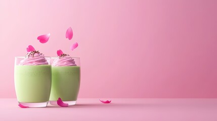 Matcha smoothie and sakura cherry blossom tree,spring season ,drink sweets for banners,Collection of matcha drinks with latte,menu popular japan,cards, flyers,wallpapers,copy space.