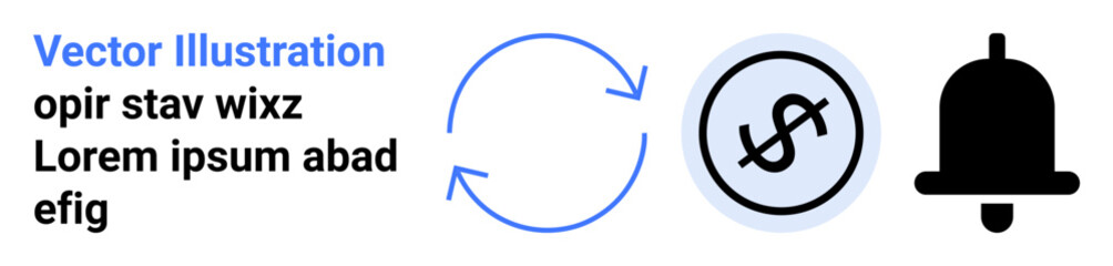 Circular arrow for process, recycled flow, dollar currency symbol for finance, economic focus, and bell notification for alert. Ideal for finance, productivity, workflow, alerts time management