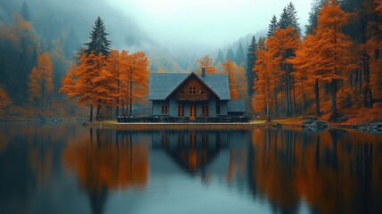 Fototapeta premium Autumnal Lake House Serenity: A Misty Mountain Retreat